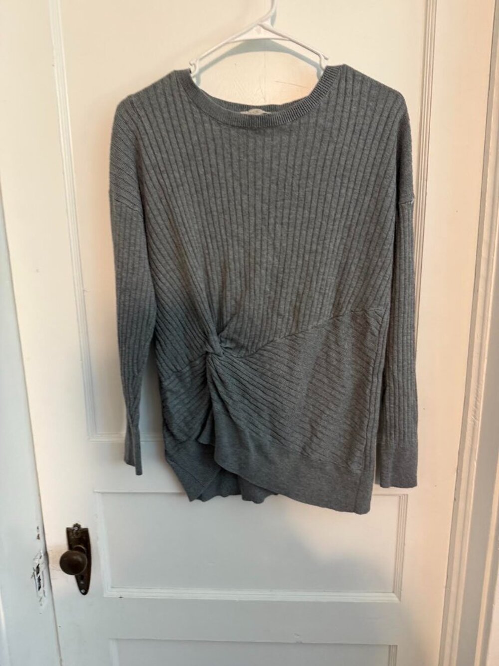 Gray Ribbed Twist Front Sweater